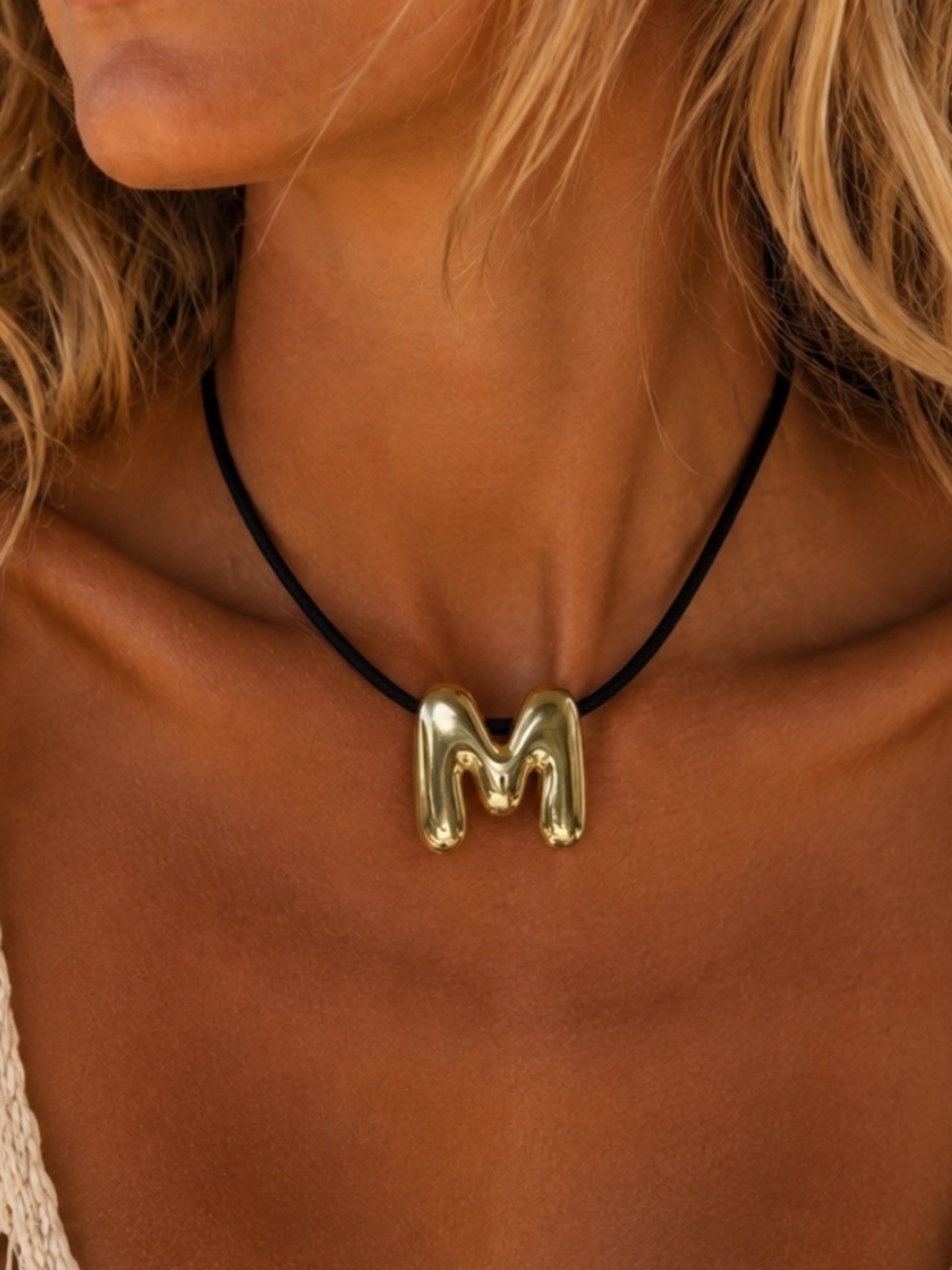 NEW Mayamar Gold 'M' Chunky Initial Pendant Black Cord Necklace Boho Statement
